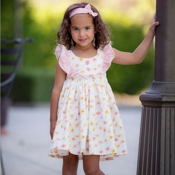 Girls Floral Indie Boheme Flutter sleeve Dress Pink Yellow flowers 3T/4T - Picture 2 of 6